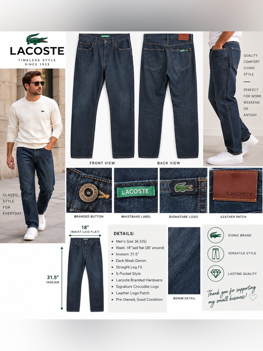 Lacoste Men’s Jeans Size 36 Dark Wash Straight Leg Denim 31.5” Inseam
